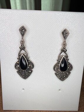 Vintage Marsala Signed Sterling Silver 925 Marcasite Black Onyx Drop Earrings